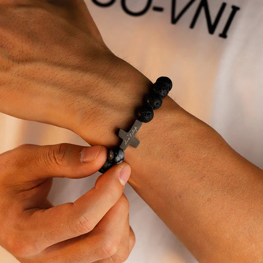 Personalize|Black Turquoise + Volcanic Stone CustomText Hommes Bracelet