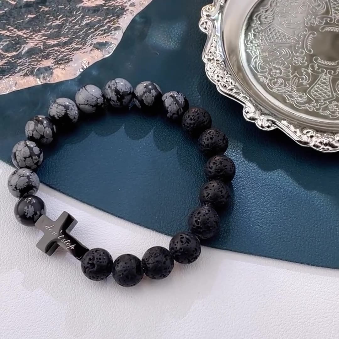 Personalize|Black Turquoise + Volcanic Stone CustomText Hommes Bracelet