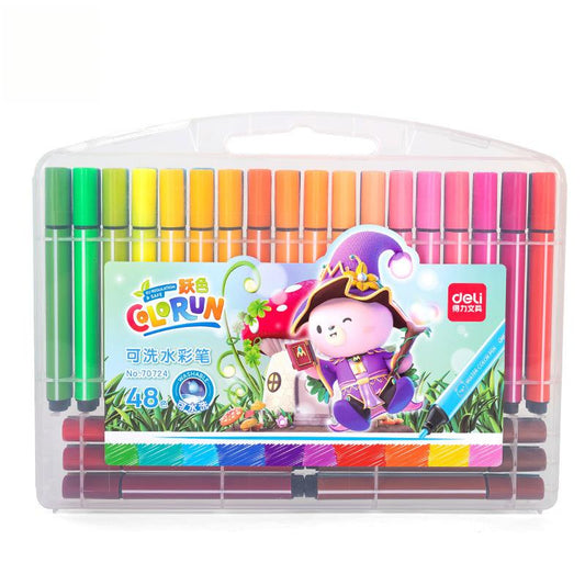 Deli Stationery Triangle Thick-Bar Watercolor Pens for Children's Drawing and Coloring, 48 Colors, Washable