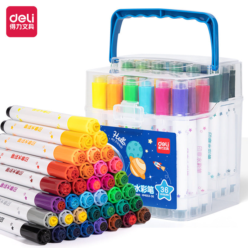Deli HM653 Watercolor Pens with Stamps, Washable, 36 Colors, Special Drawing Tool for Kindergarten and Primary School Students