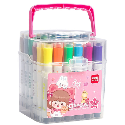Deli HM653 Watercolor Pens with Stamps, Washable, 36 Colors, Special Drawing Tool for Kindergarten and Primary School Students