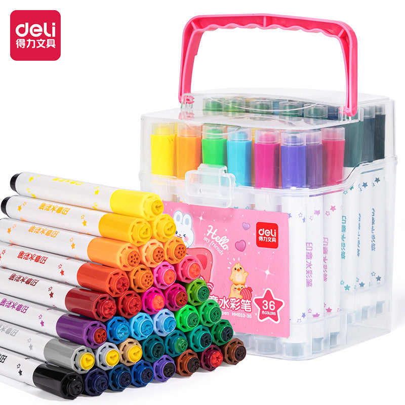 Deli HM653 Watercolor Pens with Stamps, Washable, 36 Colors, Special Drawing Tool for Kindergarten and Primary School Students