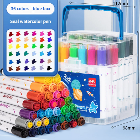 Deli HM653 Watercolor Pens with Stamps, Washable, 36 Colors, Special Drawing Tool for Kindergarten and Primary School Students
